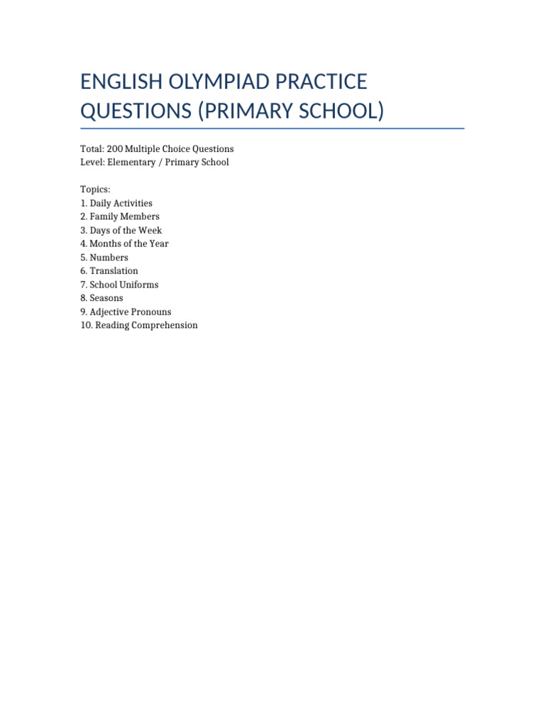 Primary School English Olympiad Questions | PDF