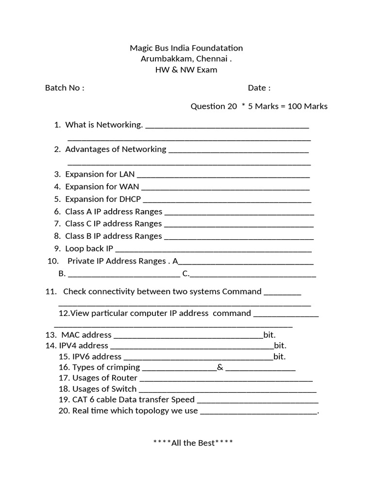 Networking Exam Questions for Students | PDF