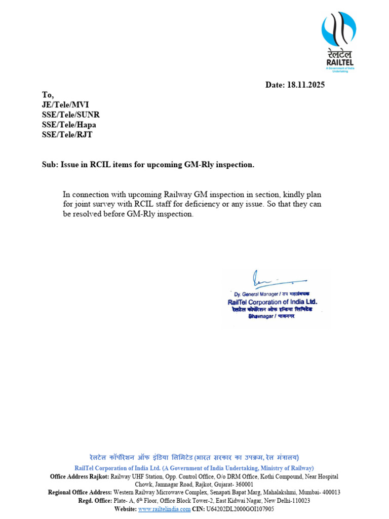 Joint Survey For RCIL Deficiency Items For GM RLY Inspection | PDF