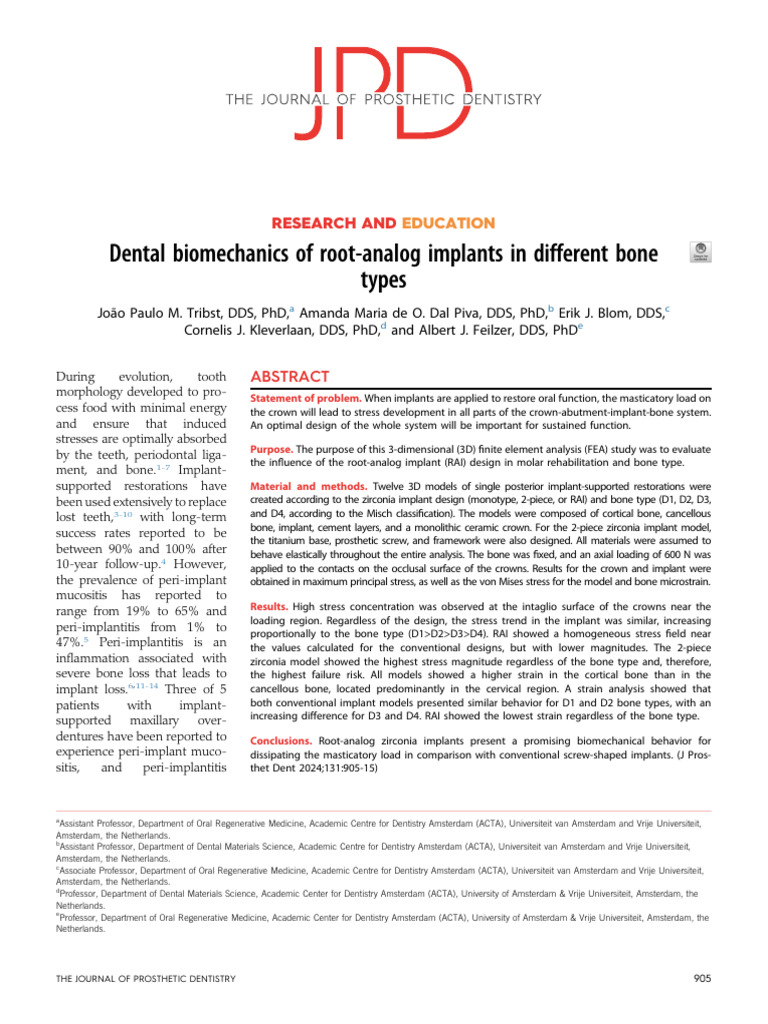 Dental Biomechanics of Root Analog Implants in Dif | PDF | Dental ...