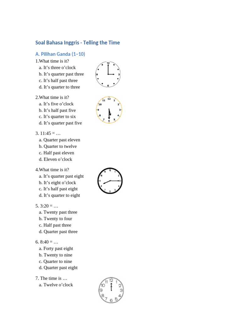 English Time Telling Exercises | PDF