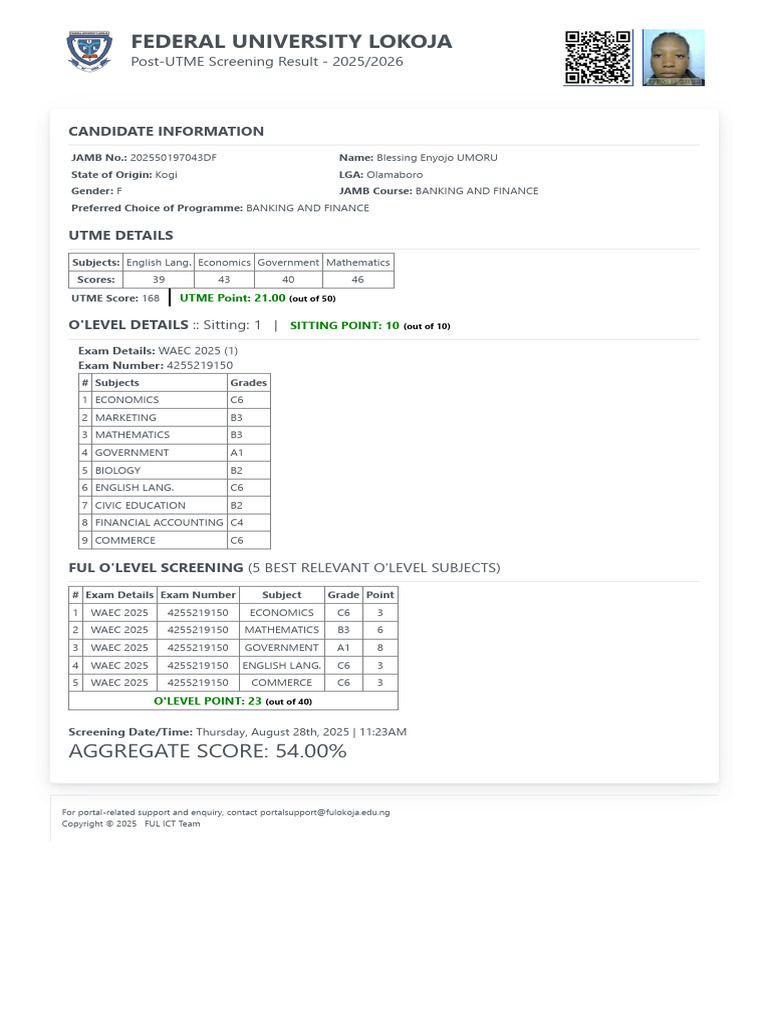 FUL Post-UTME Screening Result 2025 | PDF