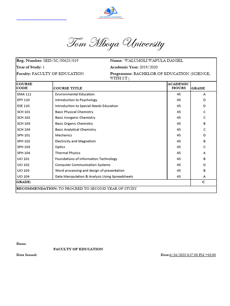 Tom Mboya University Academic Transcript | PDF | Physical Sciences