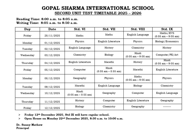 Gopal Sharma School Unit Test Schedule 2025 | PDF