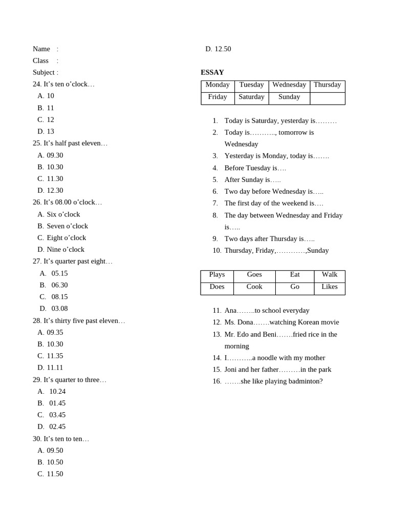 Time and Days Practice Exercises | PDF