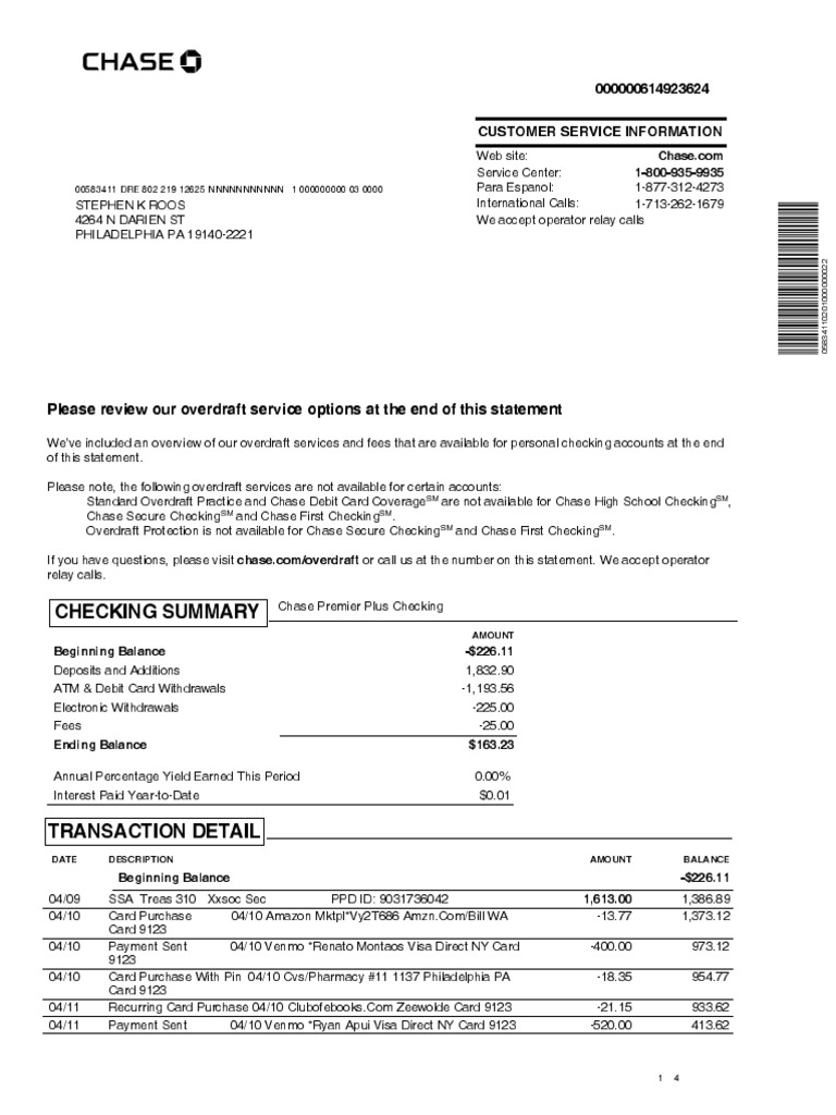 Chase Premier Plus Checking Statement | PDF | Overdraft | Transaction ...