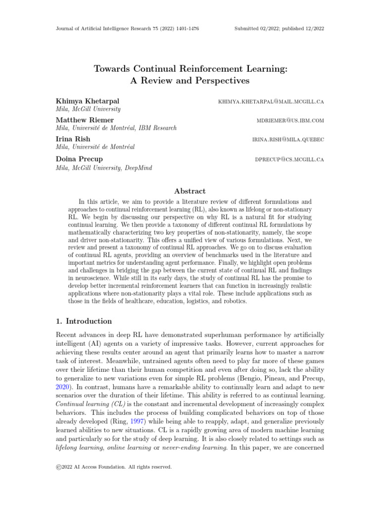 Owards Continual Reinforcement Learning A Review and Perspectives | PDF ...