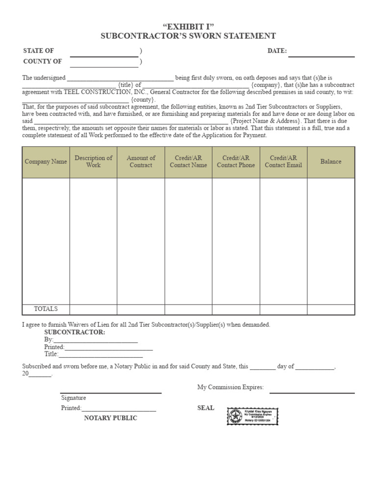 Sworn Statement | PDF | Subcontractor | Common Law
