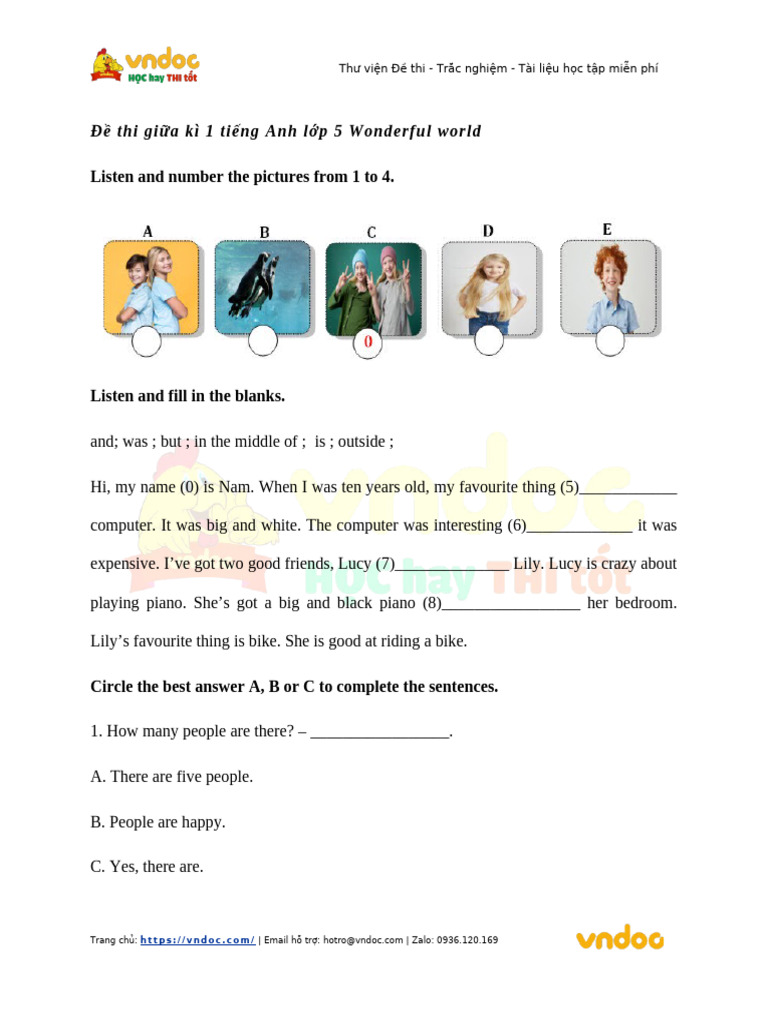 De Thi Giua Ki 1 Tieng Anh 5 Wonderful World de So 1 | PDF