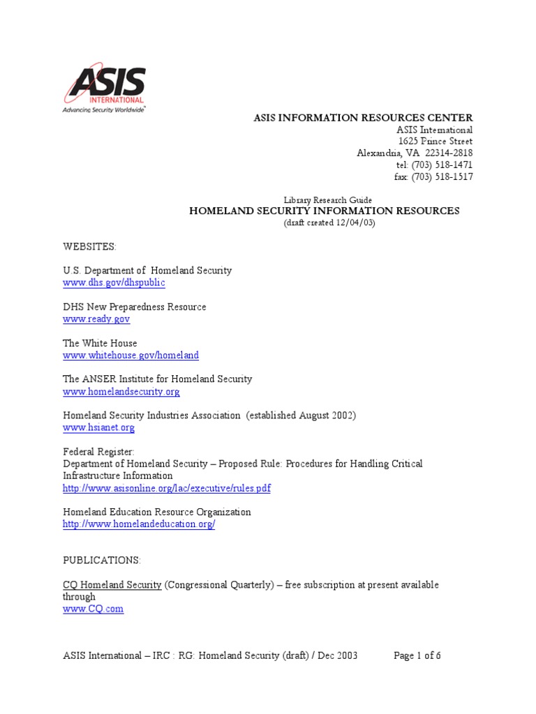 Homeland Security Information Resources PDF United States