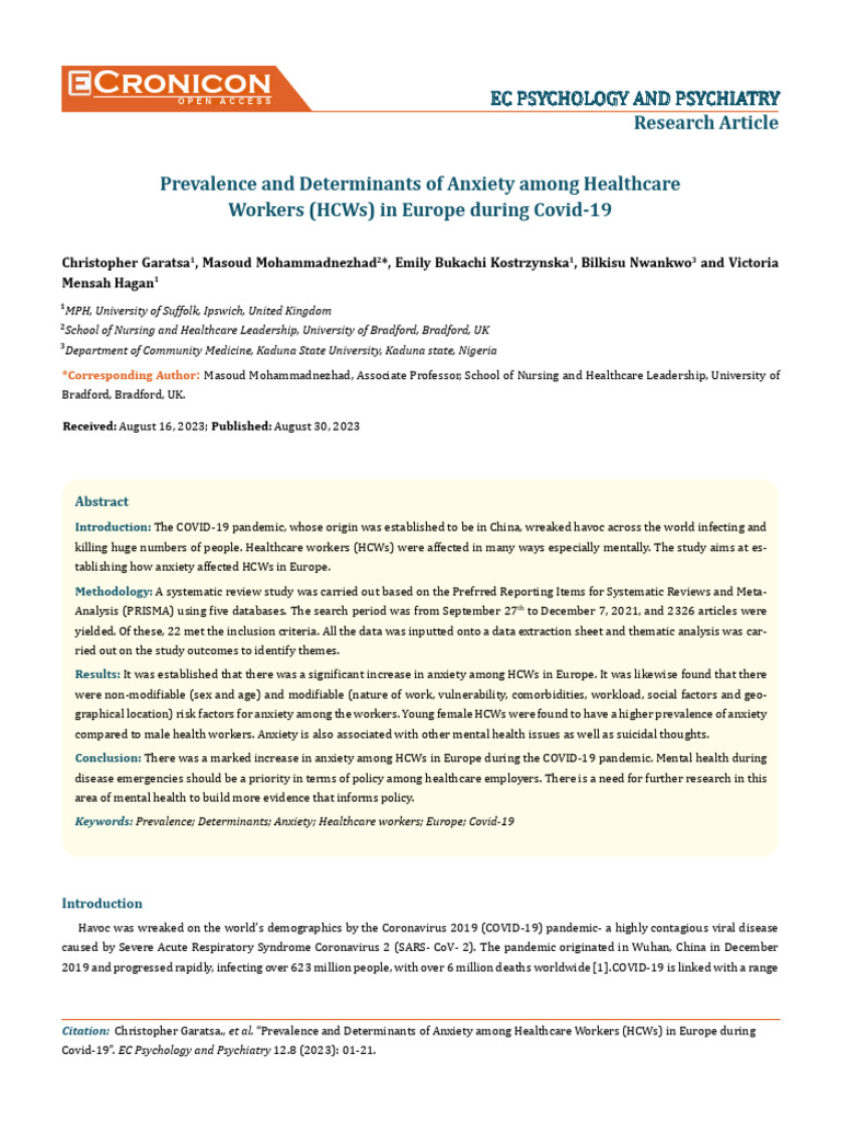 Anxiety in European Healthcare Workers During COVID-19 | PDF ...