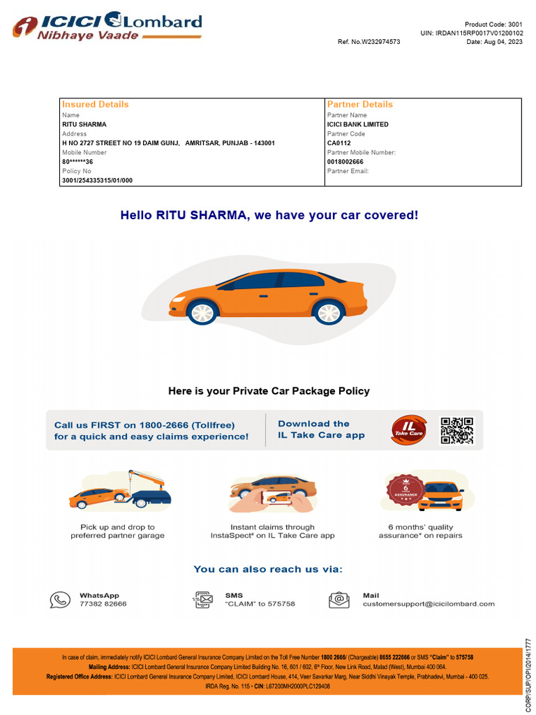 ICICI Lombard Car Insurance Policy Details | PDF | Insurance | Pro Rata