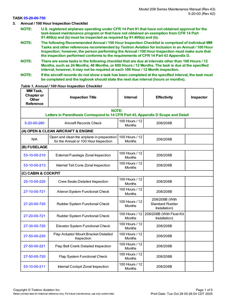 Annual/100 Hour Inspection Checklist | PDF | Aviation | Aerospace