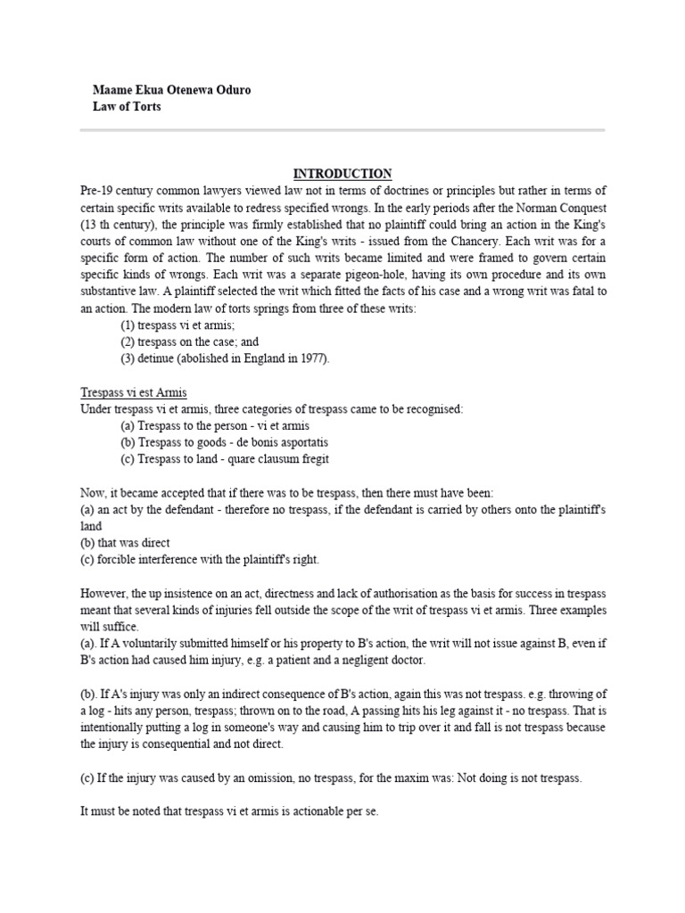 Overview of Tort Law Principles | PDF | Conversion (Law) | Trespass