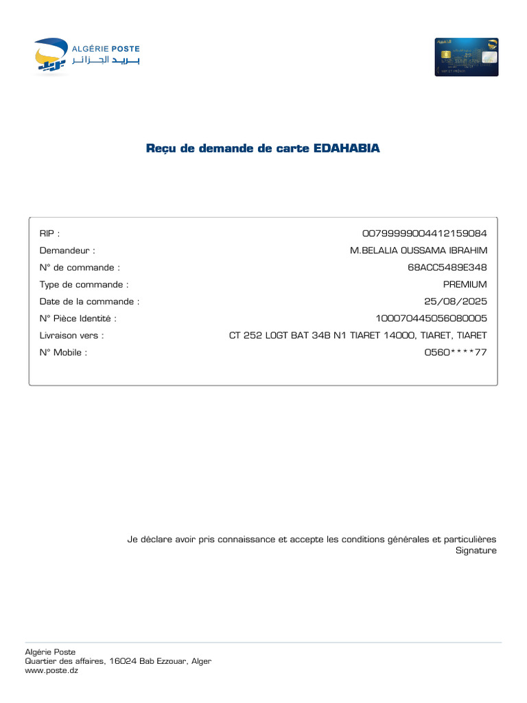 Demande de carte EDAHABIA - M.Belalia | PDF