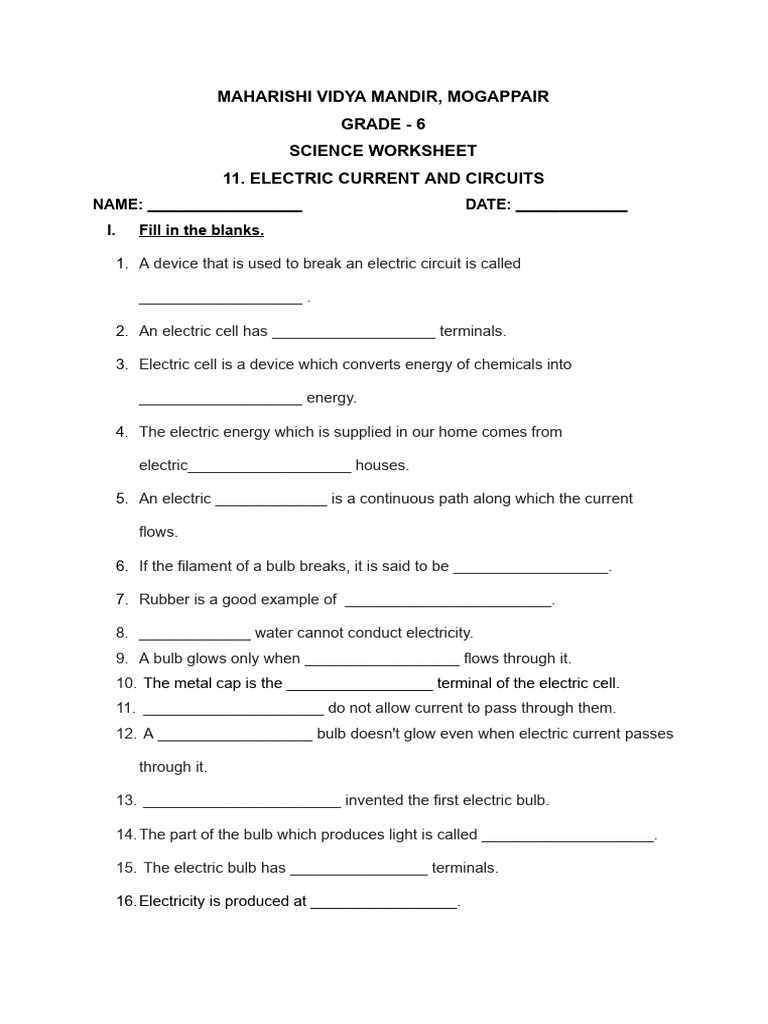 Grade 6 Science: Electric Current Worksheet | PDF | Electric Current ...
