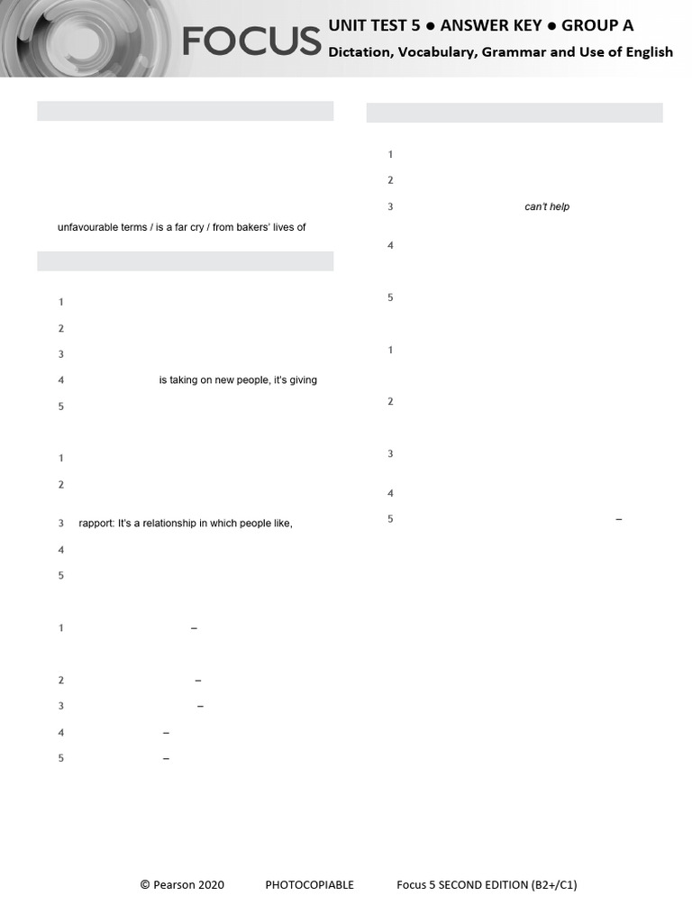 Unit Test 5 Answer Key: Focus 5 B2+/C1 | PDF | Verb | English Language