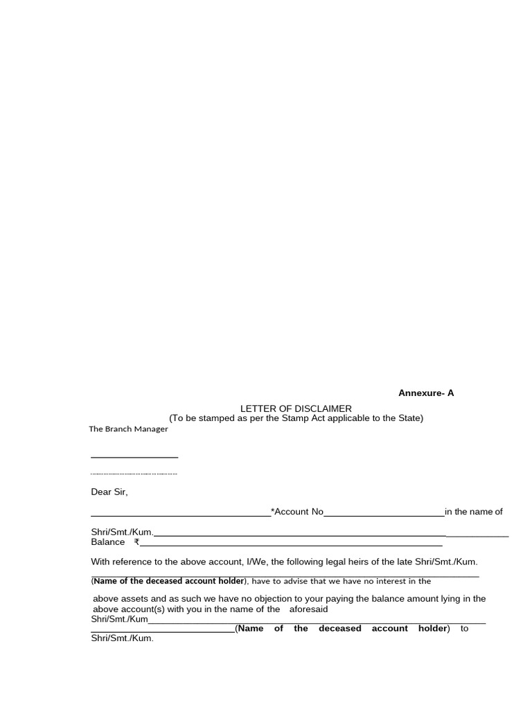 Legal Heirs Disclaimer Letter Template | PDF