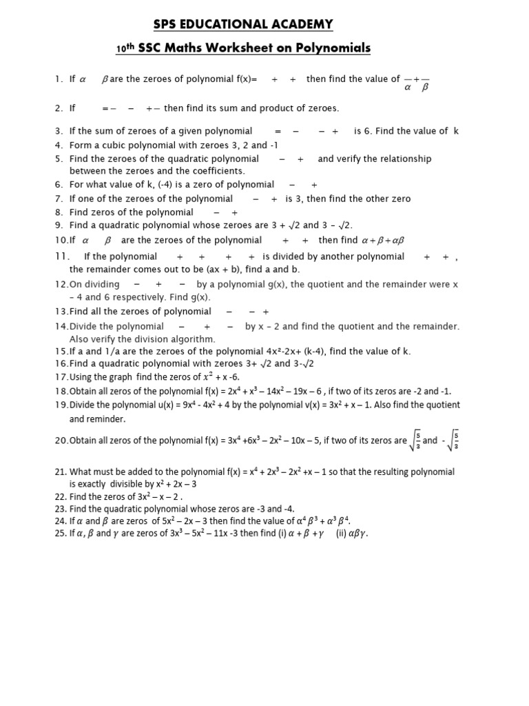 10th SSC WS On Polynomials | PDF | Polynomial | Zero Of A Function