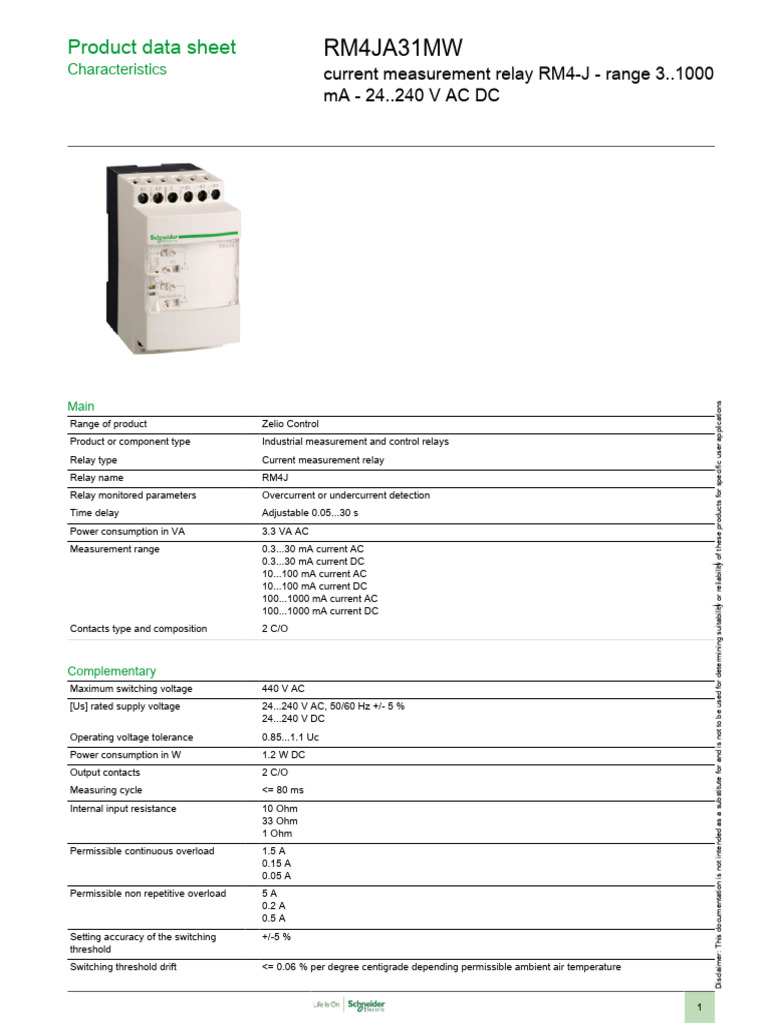 RM4JA31MW Current Measurement Relay | PDF | Relay | Alternating Current