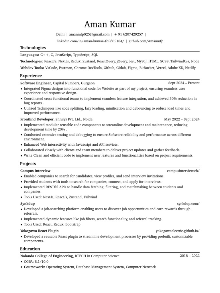 Software Engineer Resume - Aman Kumar | PDF | Web Development | Computing