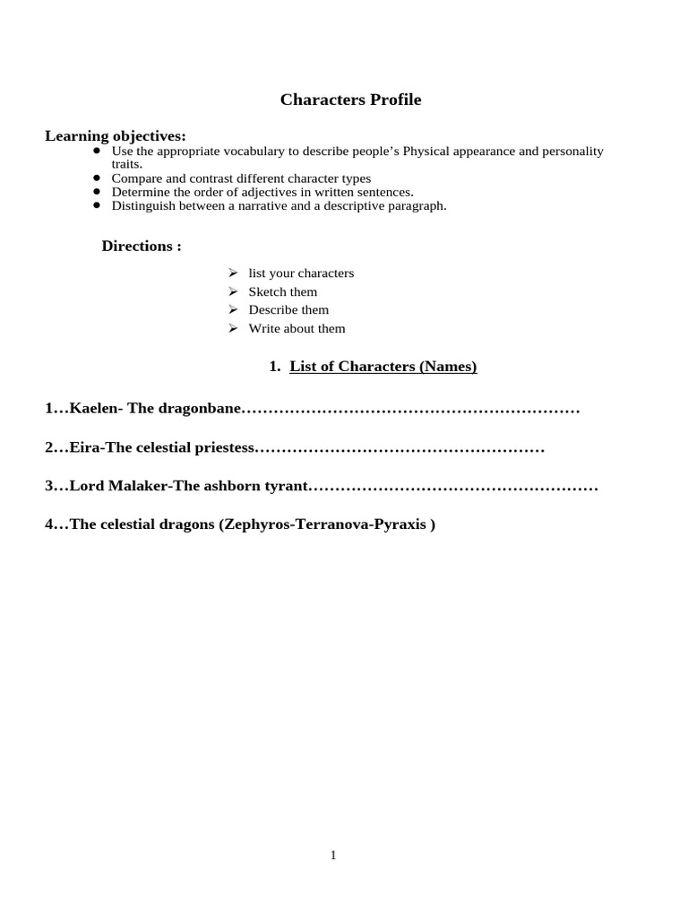 Characters Description Template | PDF