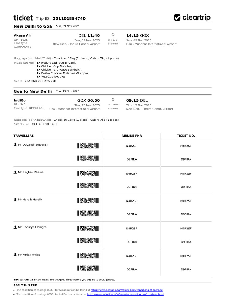 New Delhi to Goa Flight Itinerary | PDF | Aviation | Transport