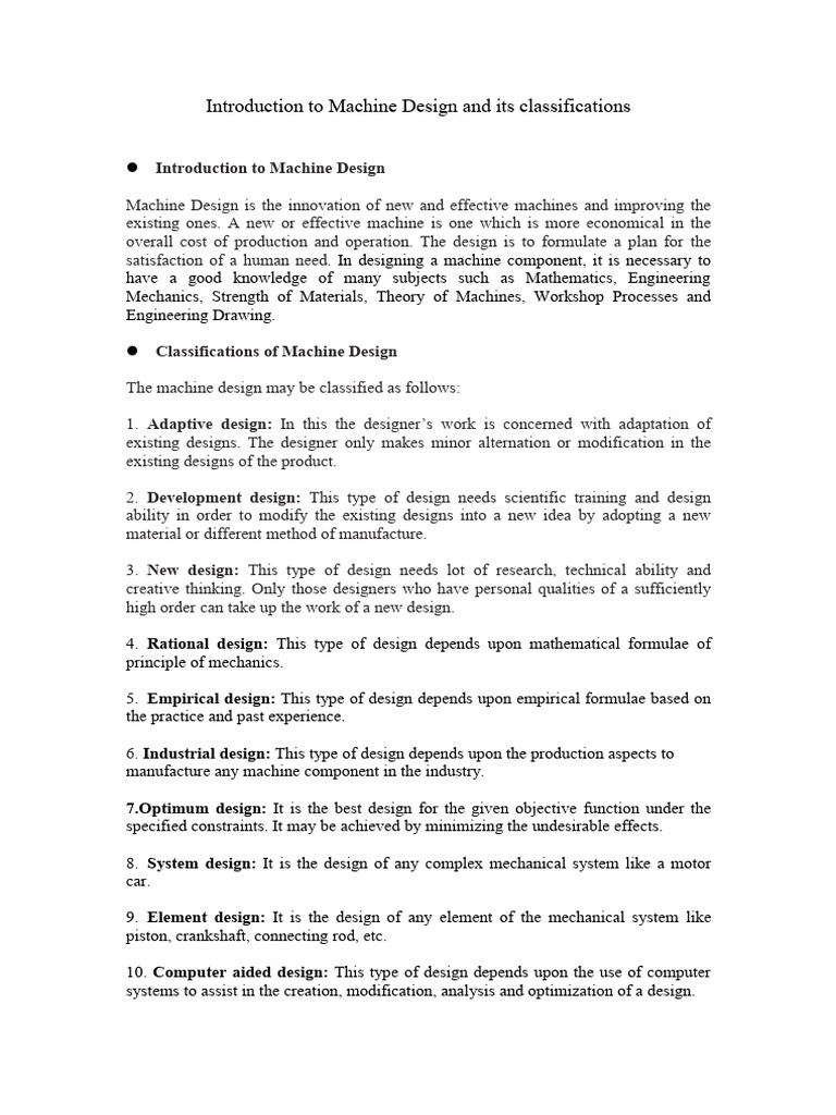 Introduction To Machine Design and Its Classifications | PDF