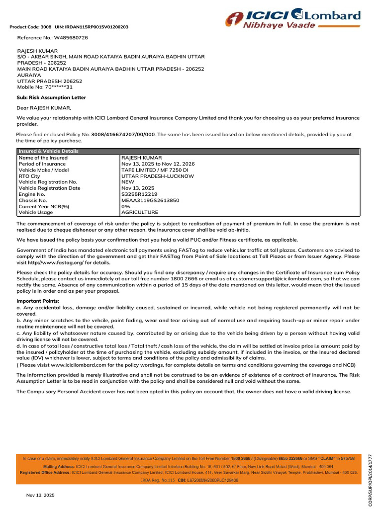 Sub: Risk Assumption Letter | PDF | Insurance | Driver's License