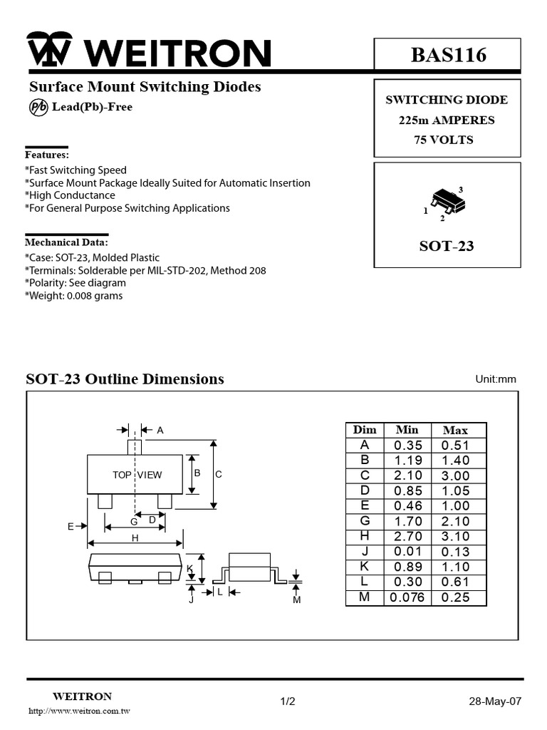 BAS116 SOT23 Switching Diode Weitron May2007 | PDF | Diode | Electronics