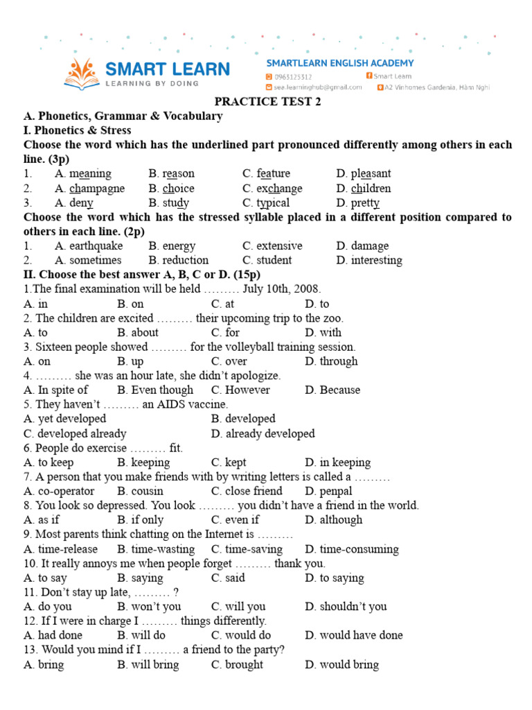 Phonetics and Grammar Practice Test | PDF | Linguistics