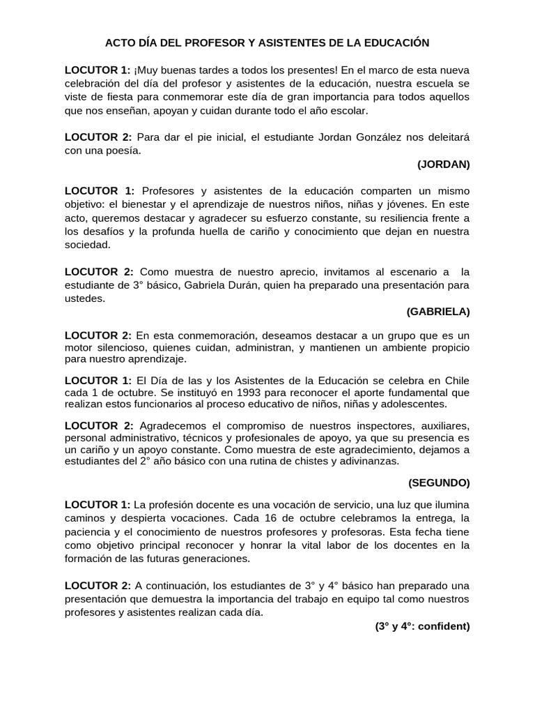 Acto Día Del Profesor y Asistentes de La Educación | PDF | Maestros ...
