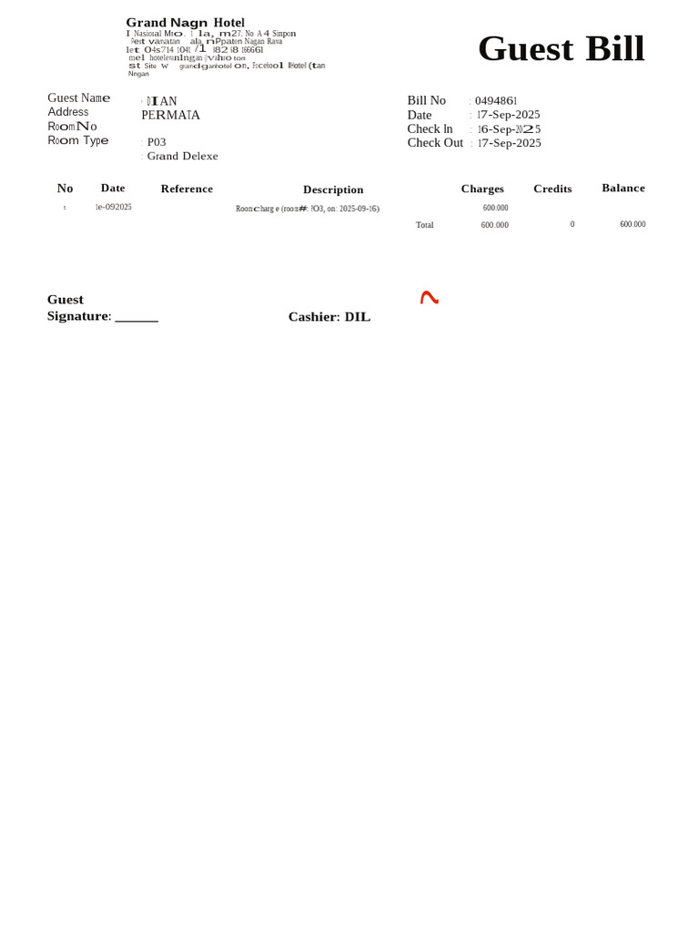 Grand Nagn Hotel Guest Bill Details | PDF