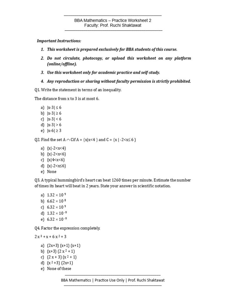 BBA Mathematics Practice Worksheet 2 | PDF | Mathematics | Mathematical ...