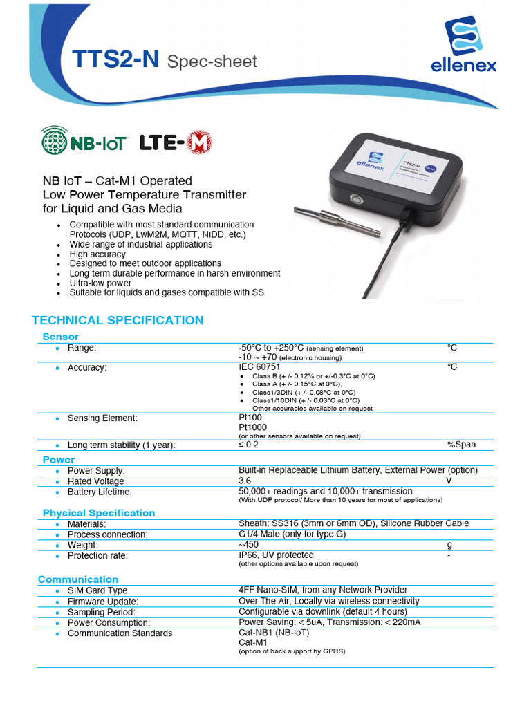 TTS2-N-Ellenex NB IoT - Cat-M1 Low Power Temperature Transmitter For ...