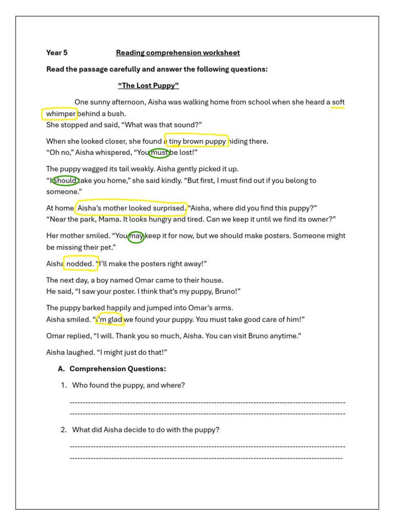 Reading Comprehension Worksheet Yr 5 | PDF