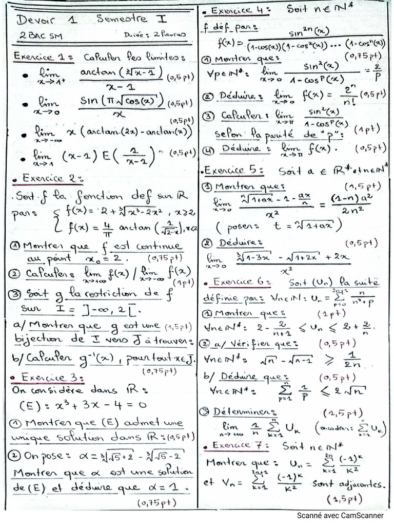 DS 1 Maths 2bac SM | PDF