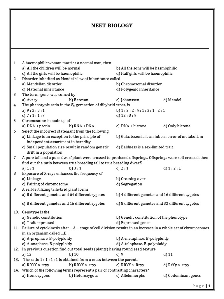 NEET Biology: Inheritance Principles Quiz | PDF | Dominance (Genetics ...