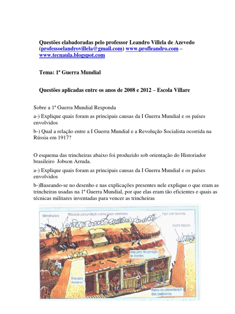 Questões Primeira Guerra MundialPorLeandroVilleaDeAzevedo PDF Primeira Guerra Mundial