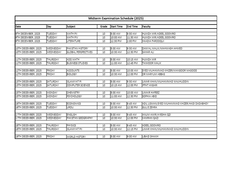 2025 Grade 10 Midterm Exam Schedule | PDF