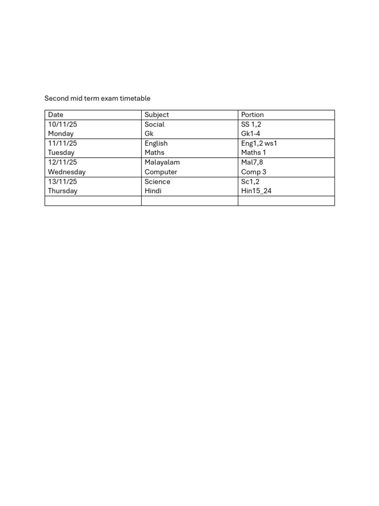 Second Mid Term Exam Schedule 2025 | PDF