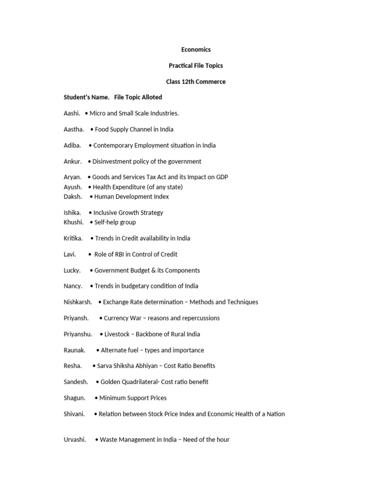 12th Economics Practical File Topics | PDF