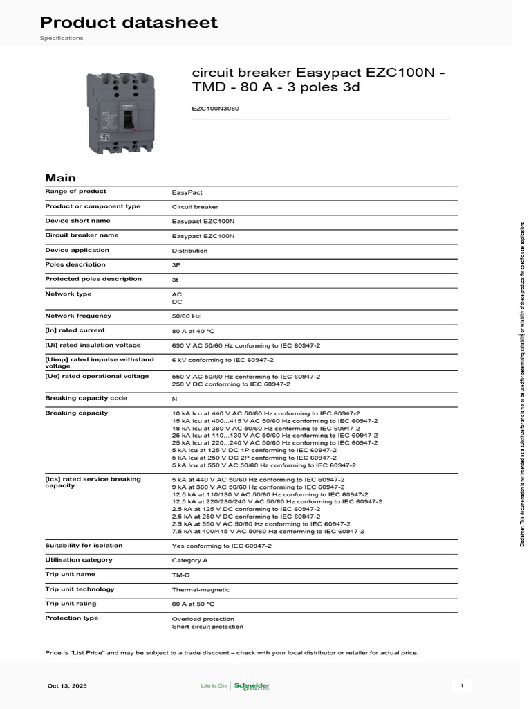 Schneider Electric EasyPact-EZC EZC100N3080 | PDF | Alternating Current ...