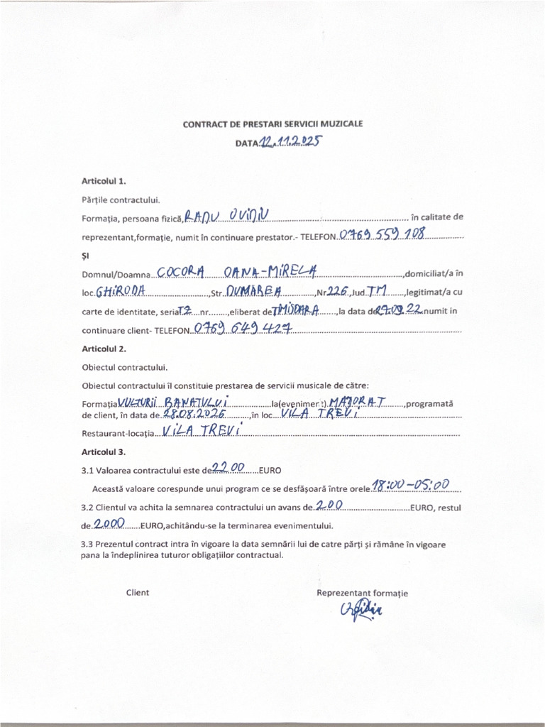 Contract de Prestari Servicii Muzicale | PDF
