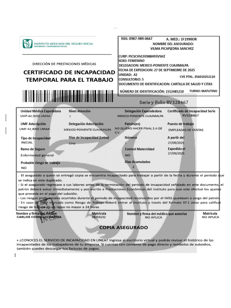 Certificado de Incapacidad Temporal de Trabajo | PDF