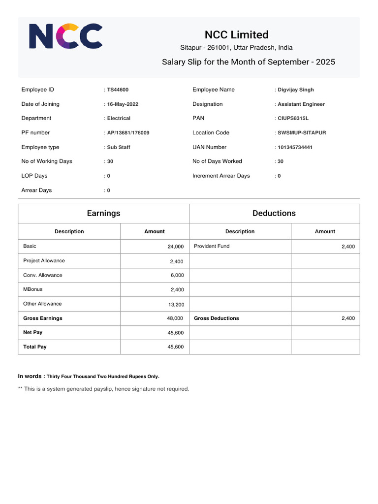 September 2025 Salary Slip - NCC Limited | PDF