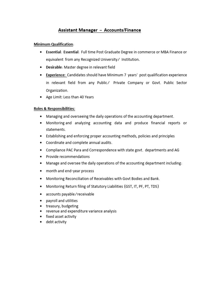 Assistant Manager - Accounts/Finance Role | PDF