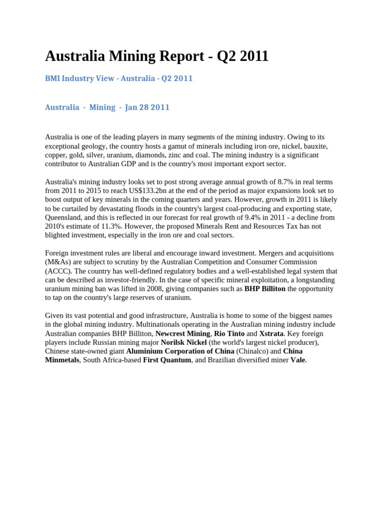Australia Mining Report - Q2 2011 | PDF | Mining | Iron Ore