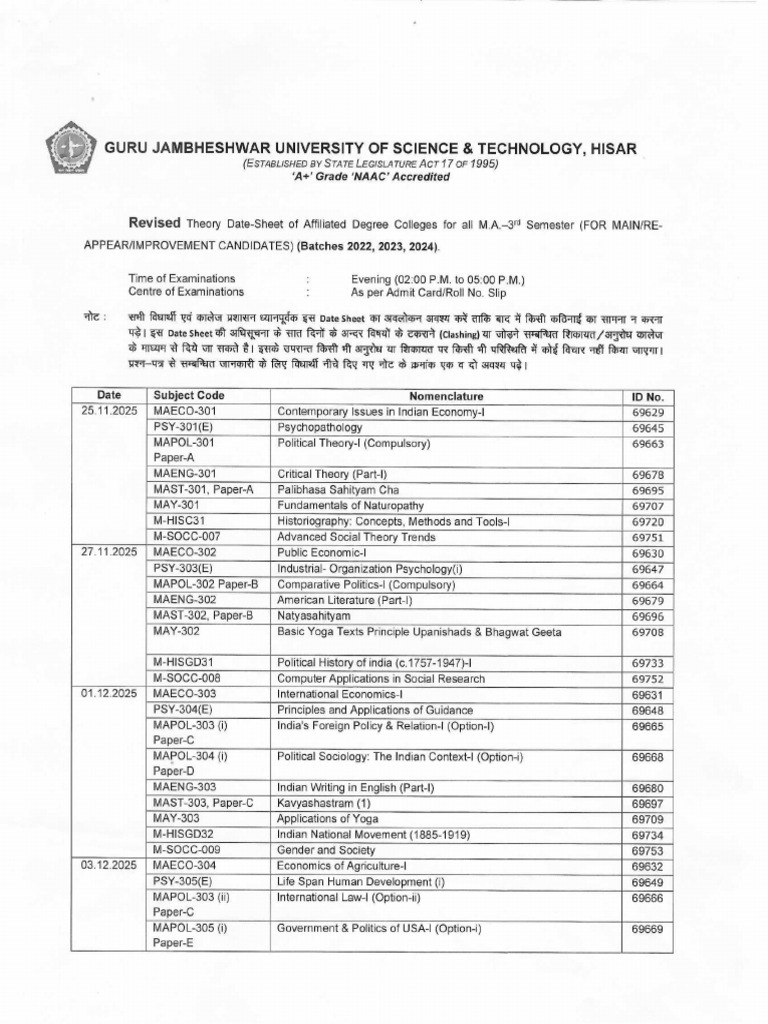 Revised Date Sheet All M.a.-3rd Sem - 07november2025 - 09!48!37-94 | PDF