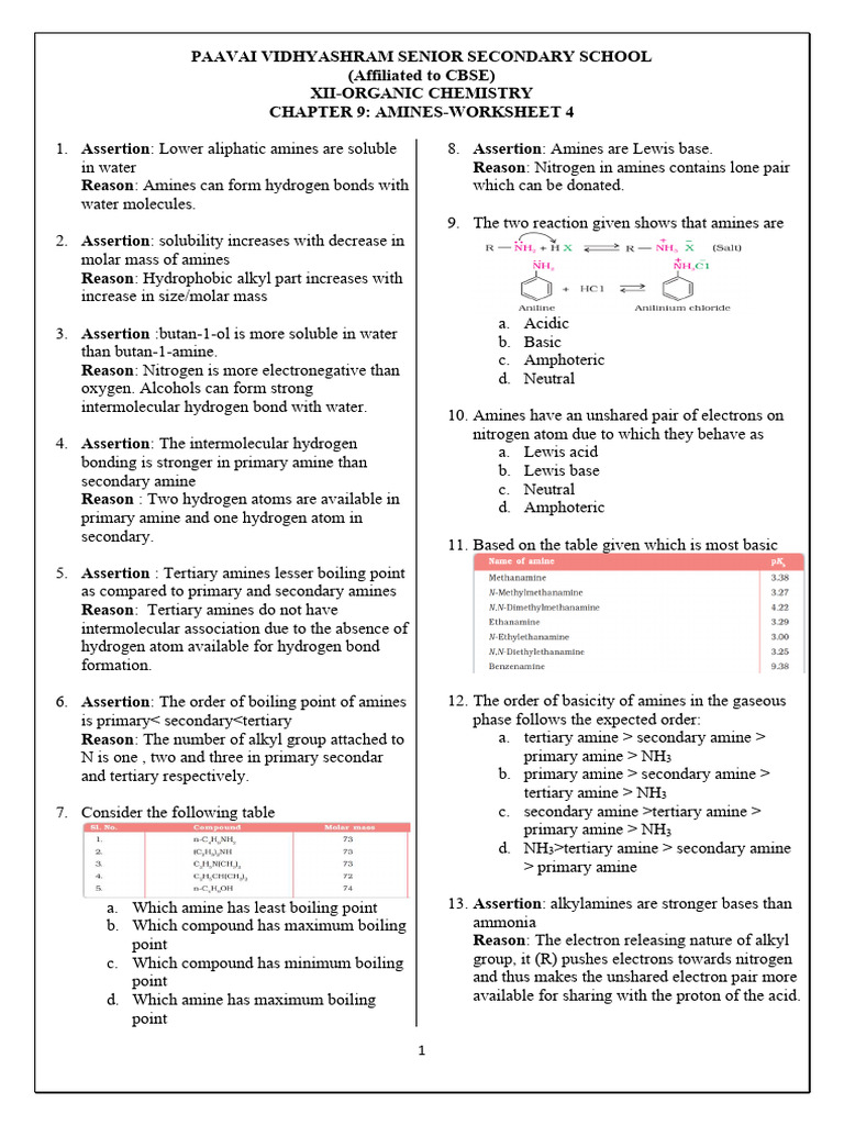 Amines: Properties and Basicity Worksheet | PDF | Amine | Chemical ...